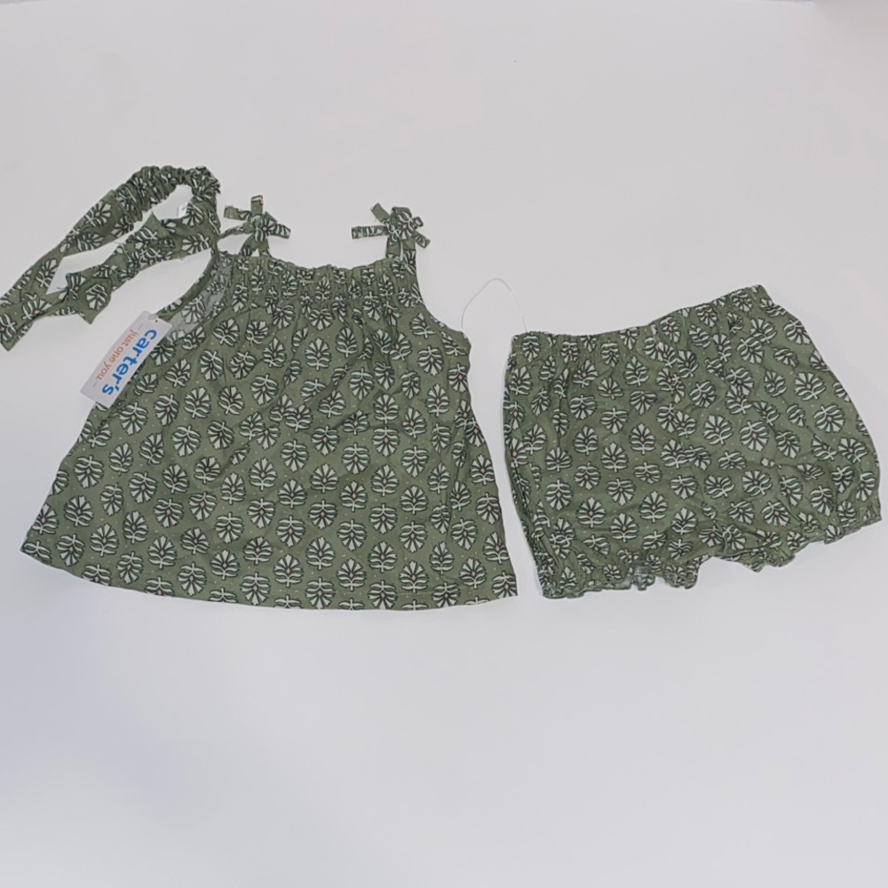Carter's Olive Green Floral Tie-Shoulder Top & Ruffle Bloomers Set